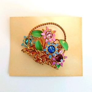 Vintage Enamel Flower Basket Rhinestone Brooch Pin